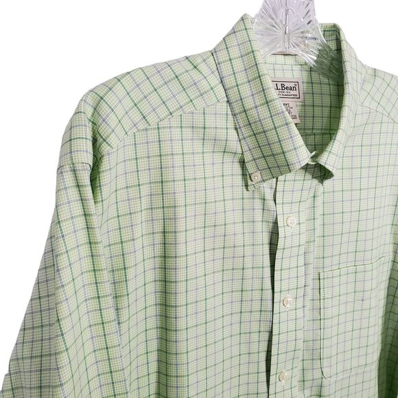 LL Bean Mens Sz L Shirt Wrinkle Resistant Button Down Collar Cotton Plaid Green - Picture 3 of 7